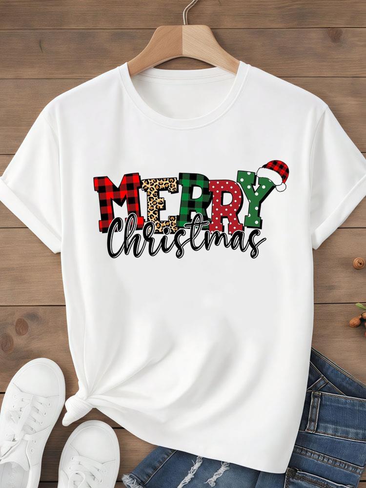 (Asian Size)sweet tree Tee Top festival  Merry Christmas New Year Holiday Women Print Lady Short Sleeve Fashion Graphic T-shirts