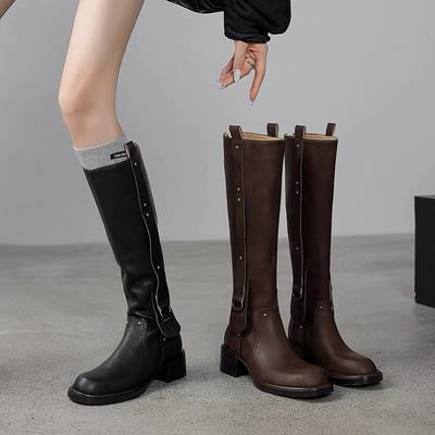 Western Cowboy Boots Round Head Thick Heel High Knight Boots 2025 New European and American But Knee Cool Black Boots Women