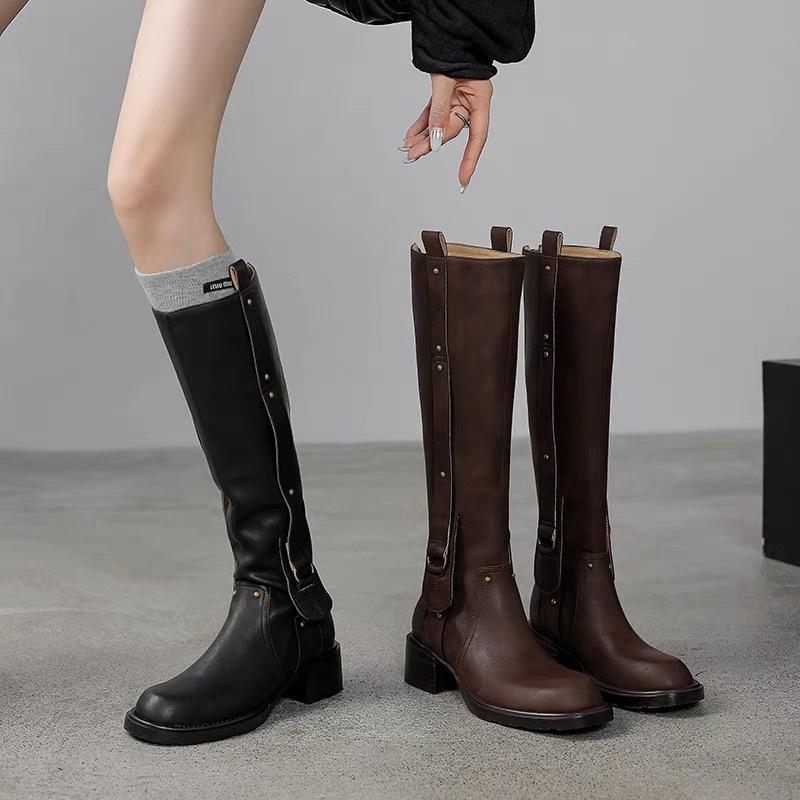 Western cowboy boots round head thick heel high knight boots 2025 new European and American but knee cool black boots women