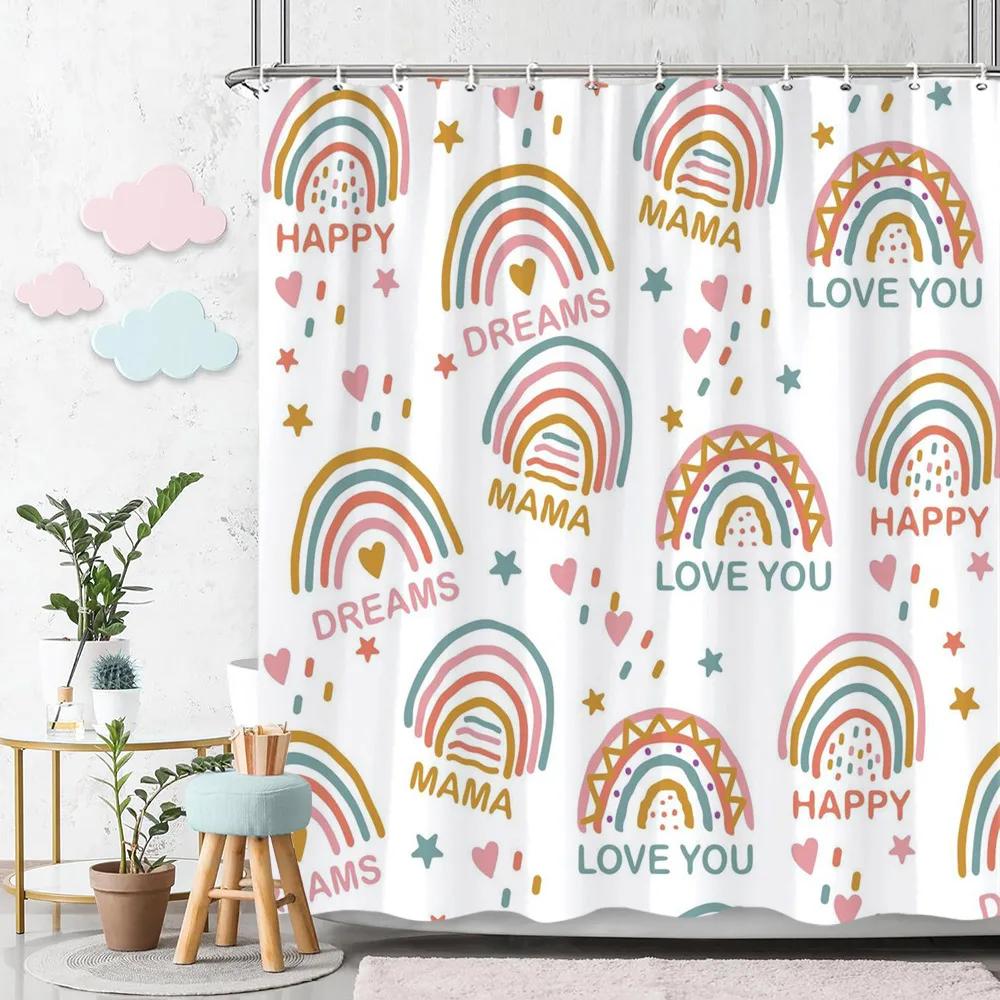 Beautiful Love Rainbow Shower Curtain Gift Idea Bohemian Printed Pattern Polyester Fabric Bath Curtain Bathroom Decor With Hooks