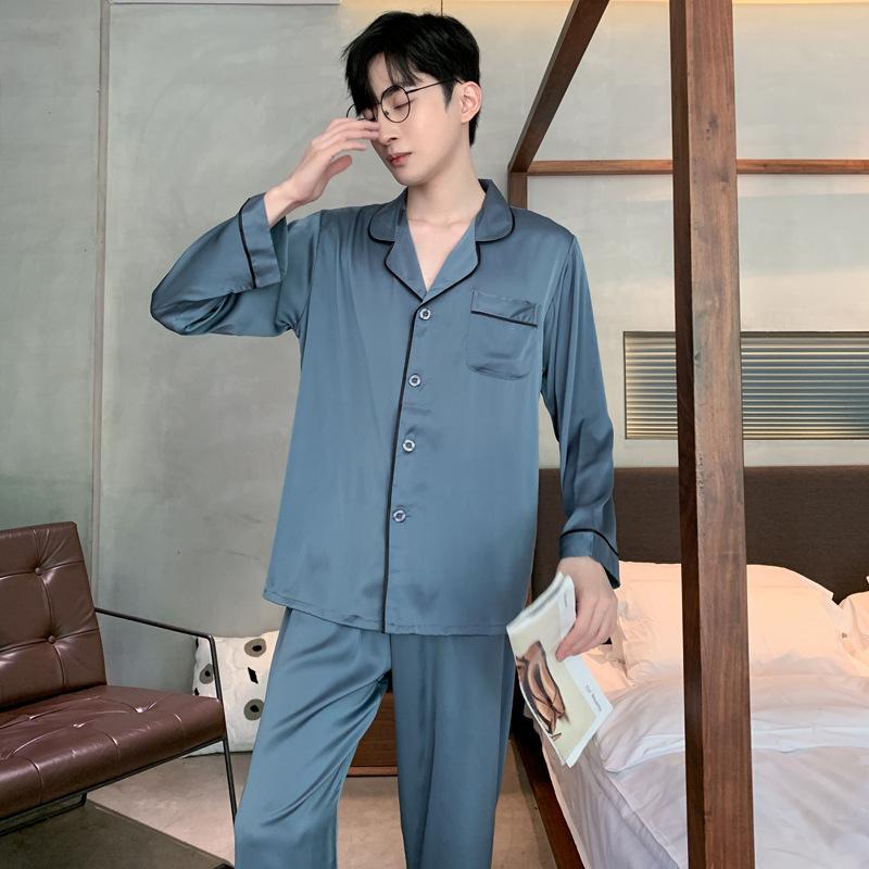 Pajamas Men's Spring Summer Summer Long Sleeve Silk Ice Silk Homewear Spring Autumn Thin Simulation Silk Satin Set