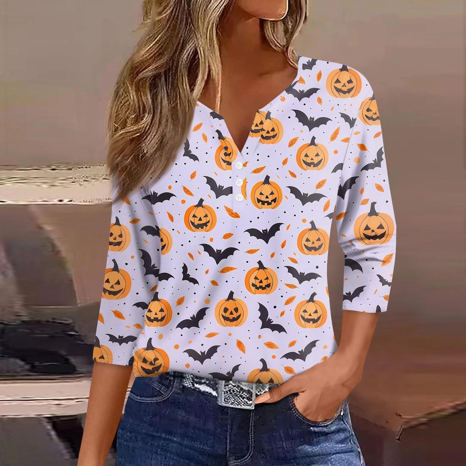 

Жіноча футболка з принтом на Хелловін, ґудзики, рукав 3/4, щоденний вихідний, модний базовий, V-подібний виріз, звичайний топ S