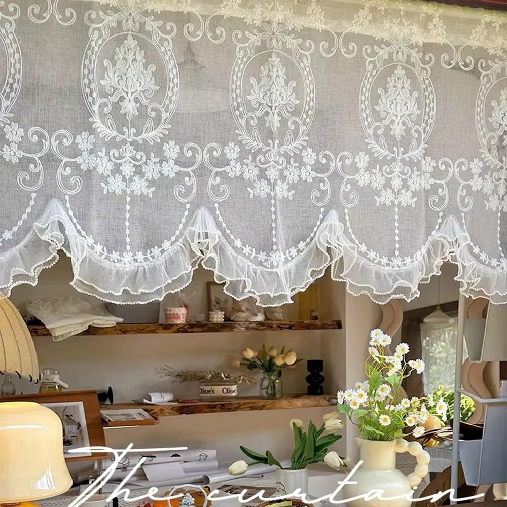 Embroidered Ruffled Lace Short Sheer Curtain Floral Short Tulle Drapery Kitchen