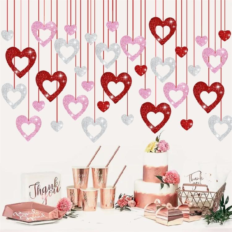 36Pieces Sequins Heart Hanging Ornament Valentines Day Hanging Decoration For Wedding Parties And Event Decoration