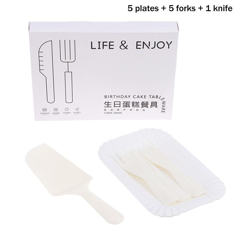 5Sets-30Sets White Birthday Cake Knife Fork Set Plastic Disposable Dinner Plate Set Baking Cake Tableware