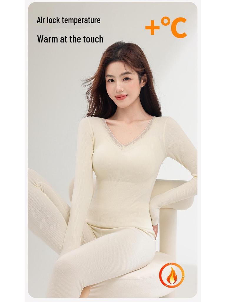 Women’s Cashmere Silk Slimming Underwear Set with Built-In Bra: Warm Cotton-Wool Long Sleeve Top & Bottoms for Autumn/Winter