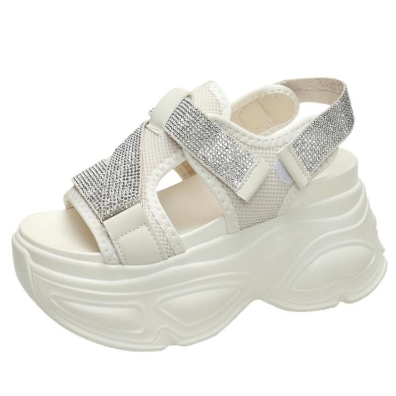 Fashion 8.5CM Platform Sandals Women Bling Wedge High Heels Summer Rhinestone Hook Loop Chunky Sandalias Beach Slippers Zapatos Mujer