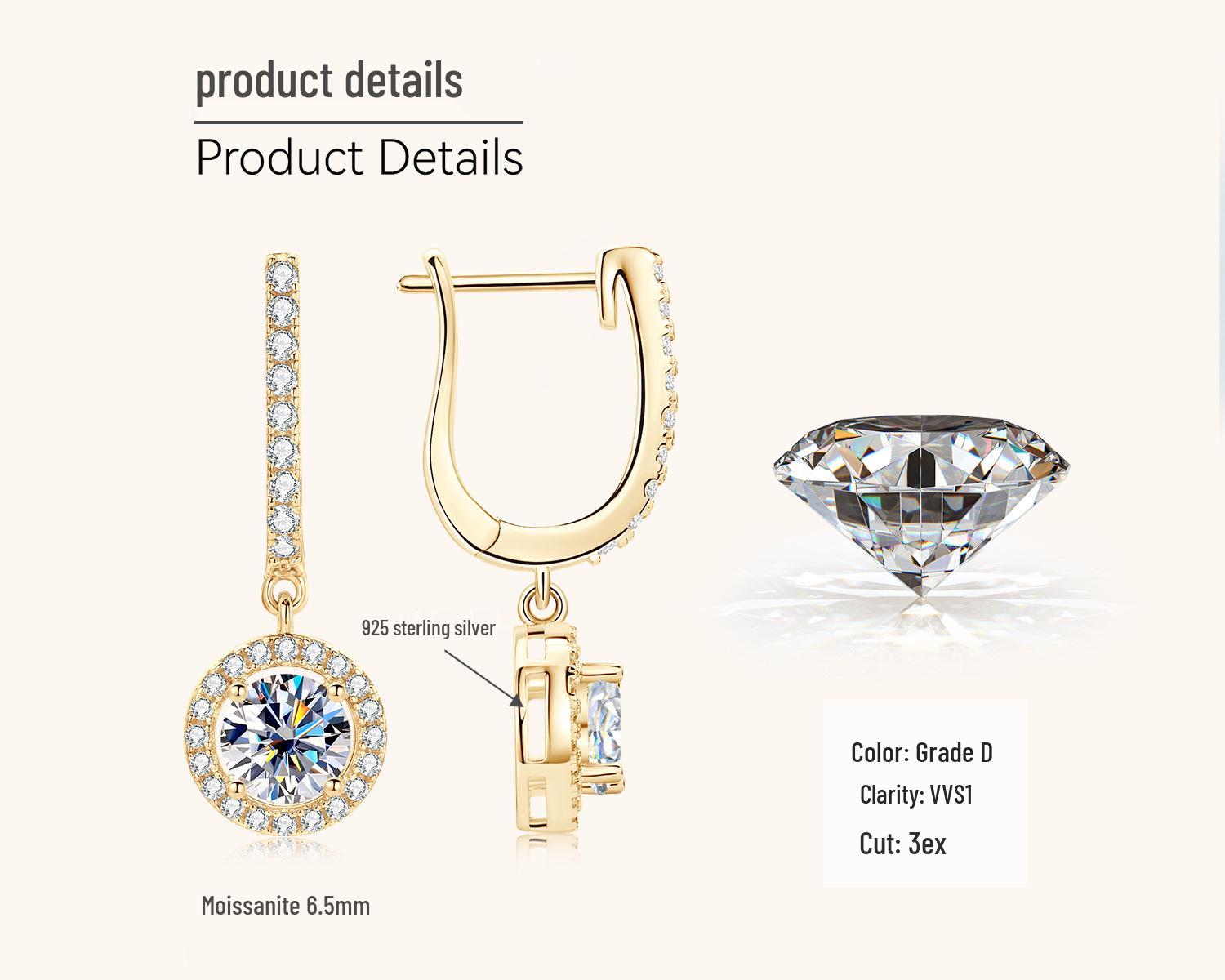 

Moissanite Dangle Earrings - Influencer Style, Niche Design, Light Luxury, High-End Silver 925 Silver - 1 Carat + 1 Carat