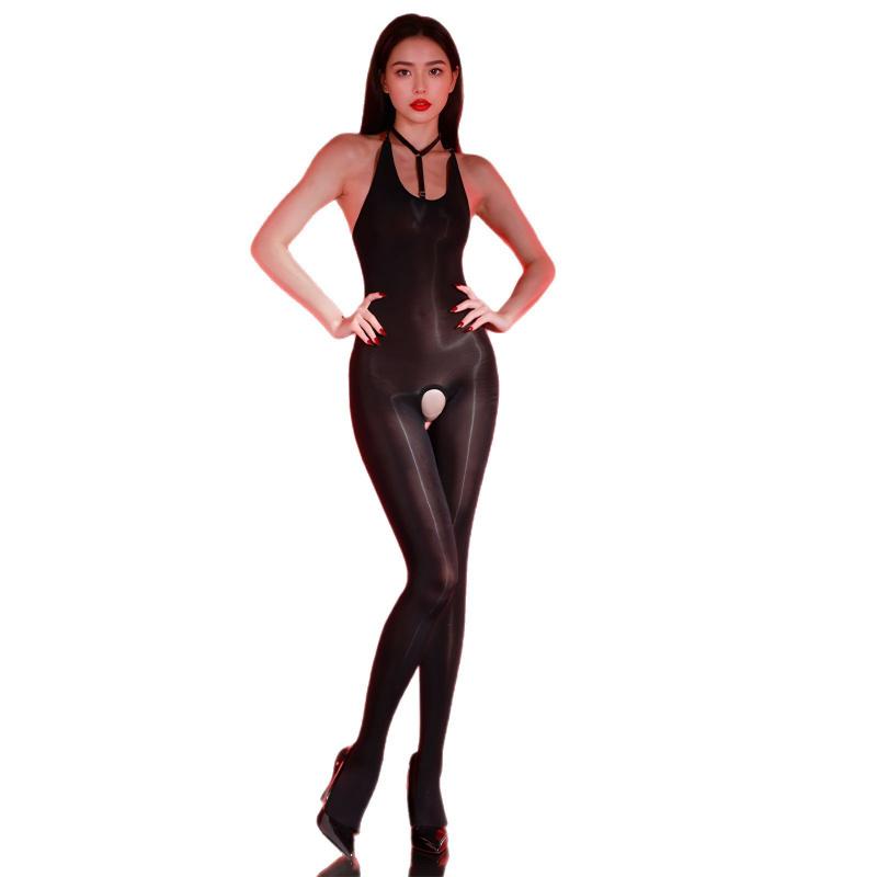 Sexy Halter Neck Backless Glossy One-piece Stockings 5D Ultra-thin Silky Reflective Tight Open Crotch No-need-to-remove Erotic L