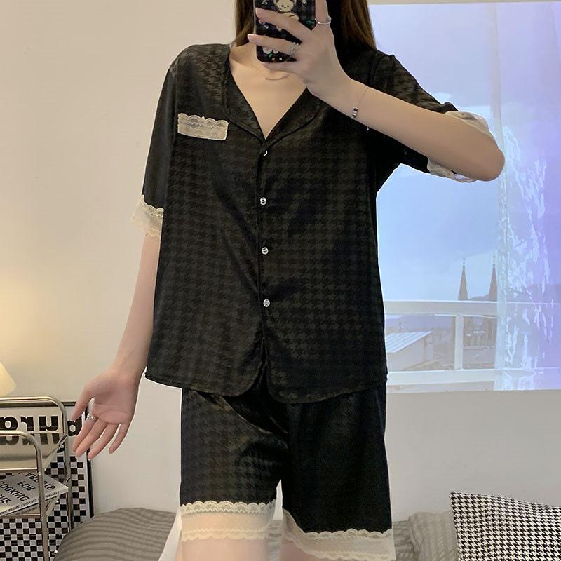 Pajamas Women'S Summer Cold Silk Cool Two-Piece Suit Summer Short-Sleeved Lace Can Be Worn Outside Qiandongge Loungewear