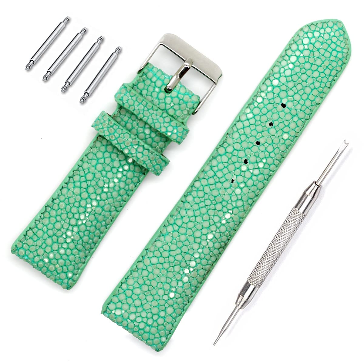 

[Revetta] Stingray Leather Watch BandStrap, Light Green, 18mm, with Spring Bars and Spring Bar Removal Tool [089-11stb18]