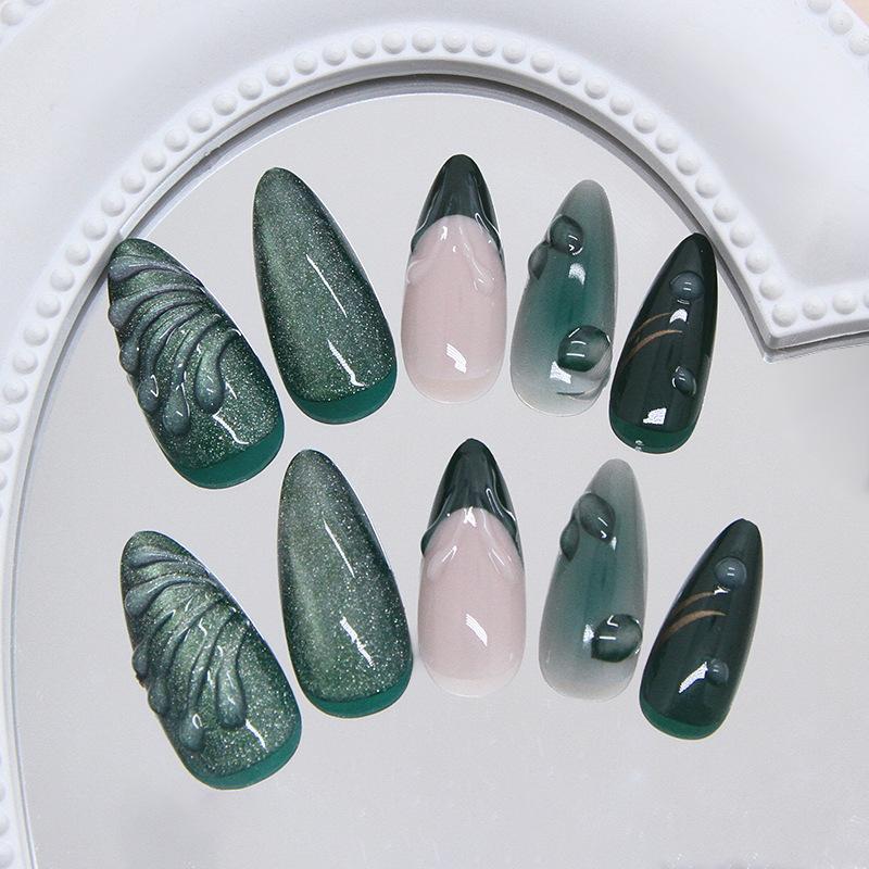 Mode Retro Grünes Katzenauge Press-On Nägel 24 Stück Französischer Stil Falsche Nägel Wiederverwendbare Nagelspitzen Für Frauen Nagelkunst Zubehör