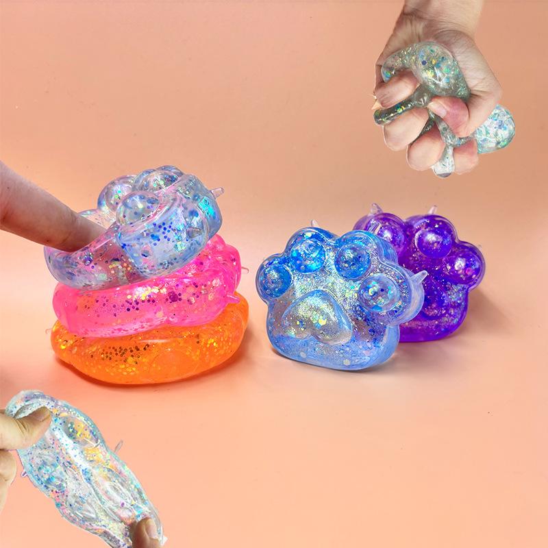 Kids Anti-stress Soft TPR Slow Rebound Sequins Maltose Pinch Toy Stress Relief Elastic Squeezing Colored Cat Paw Decompression