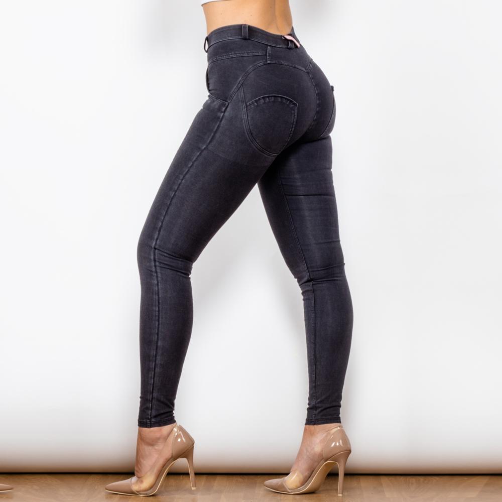 Shascullfites Jeans Fireveis Stretch Merke Middels Høyde Svart Denim Elastisk Push Up Jeans For Kvinner