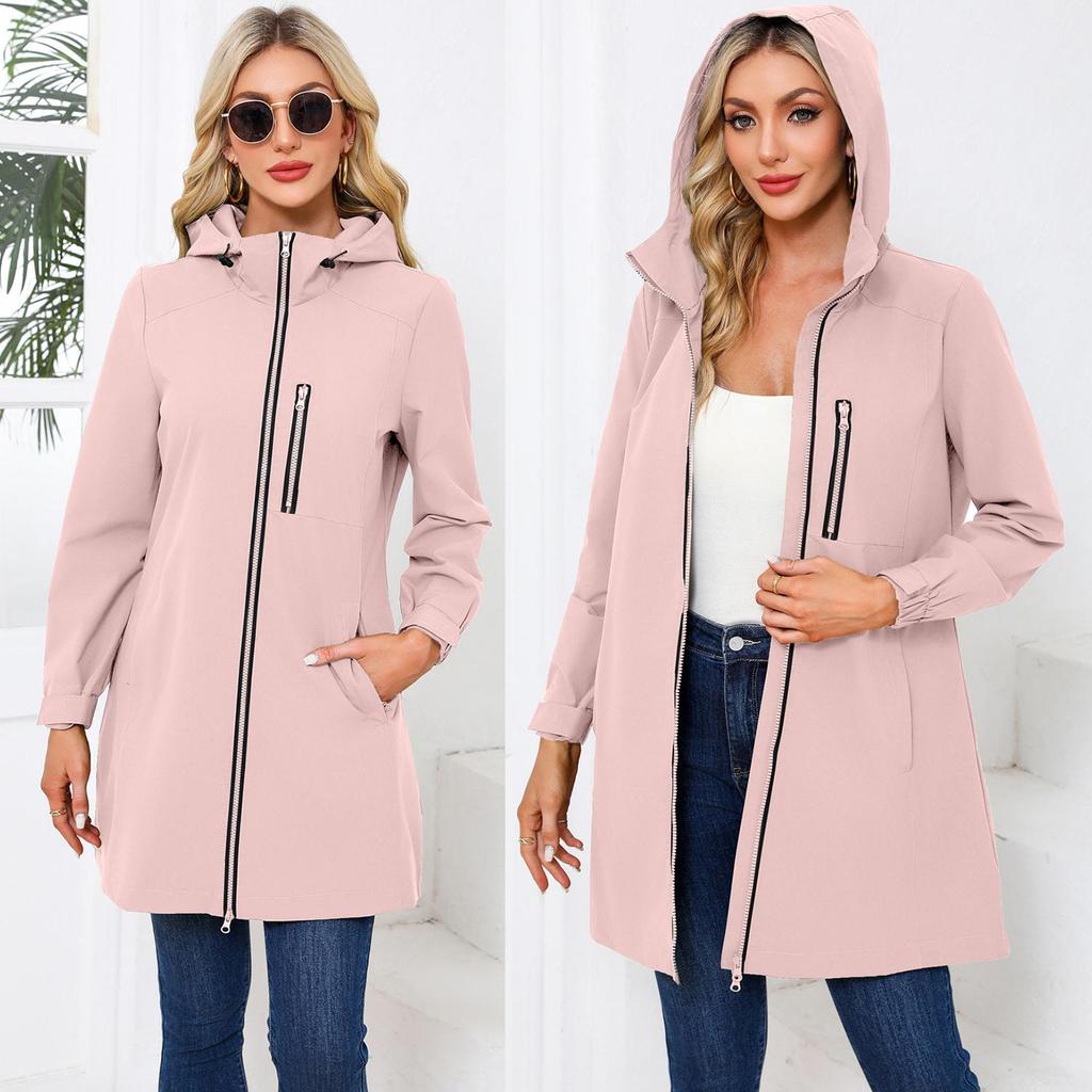 BRIGHT DEER Women’s Waterproof Trench Coat Hooded Windcheater Long Sleeves Zip Up Casual Wear for Autumn Winter Outdoor Sports