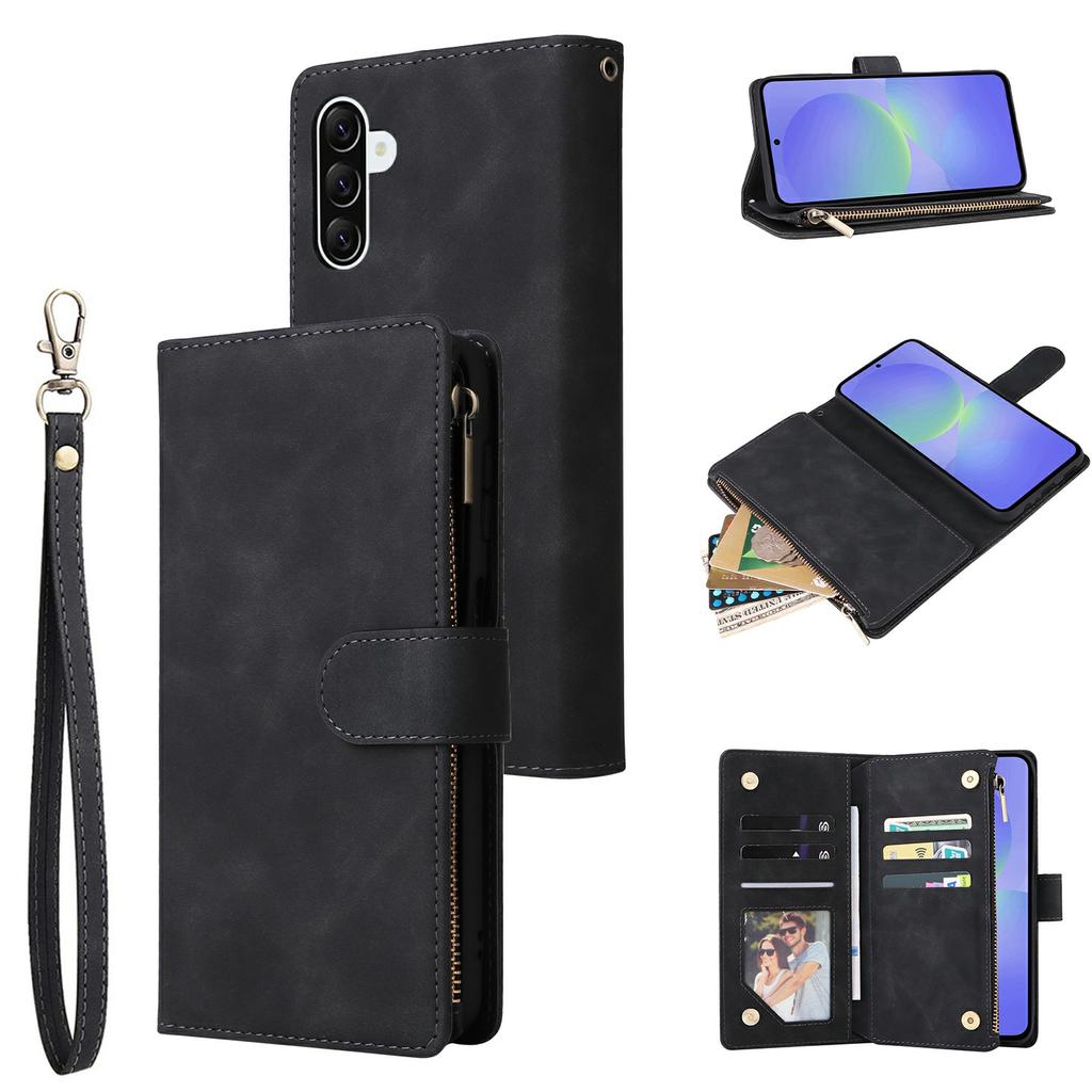 For Samsung Galaxy A37 5G Case Zipper Wallet Multiple Card Slots Leather Phone Cover with Wrist Strap