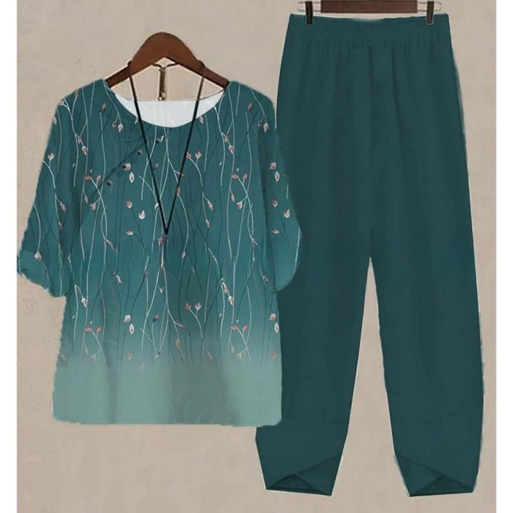 Women's Loose Fit Floral Printed Two Piece Outfit Half Sleeve T-Shirt Elastic Waist Pantsuit