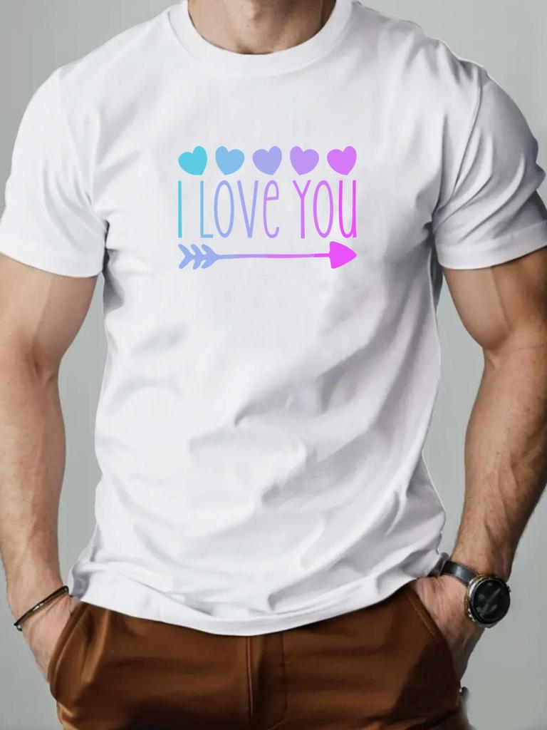 Mens cotton Tshirt love pattern I LOVE YOU summer casual round neck short Tshirt