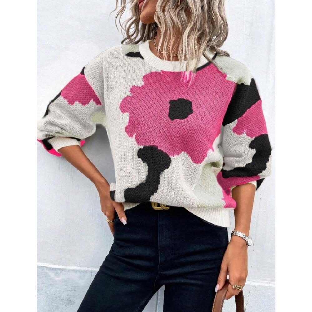 Autumn/Winter Round-neck Long-sleeved Knitted Top – Fashionable and Versatile Jacquard Casual Pullover for Women