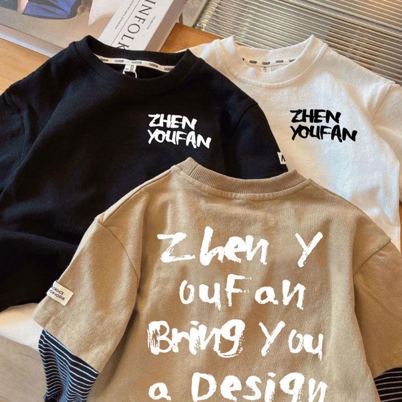Boys Korean Fake Two Piece Long Sleeve T Shirt Spring Autumn Fashionable Round Neck Base Layer Top Kids Trendy Clothes