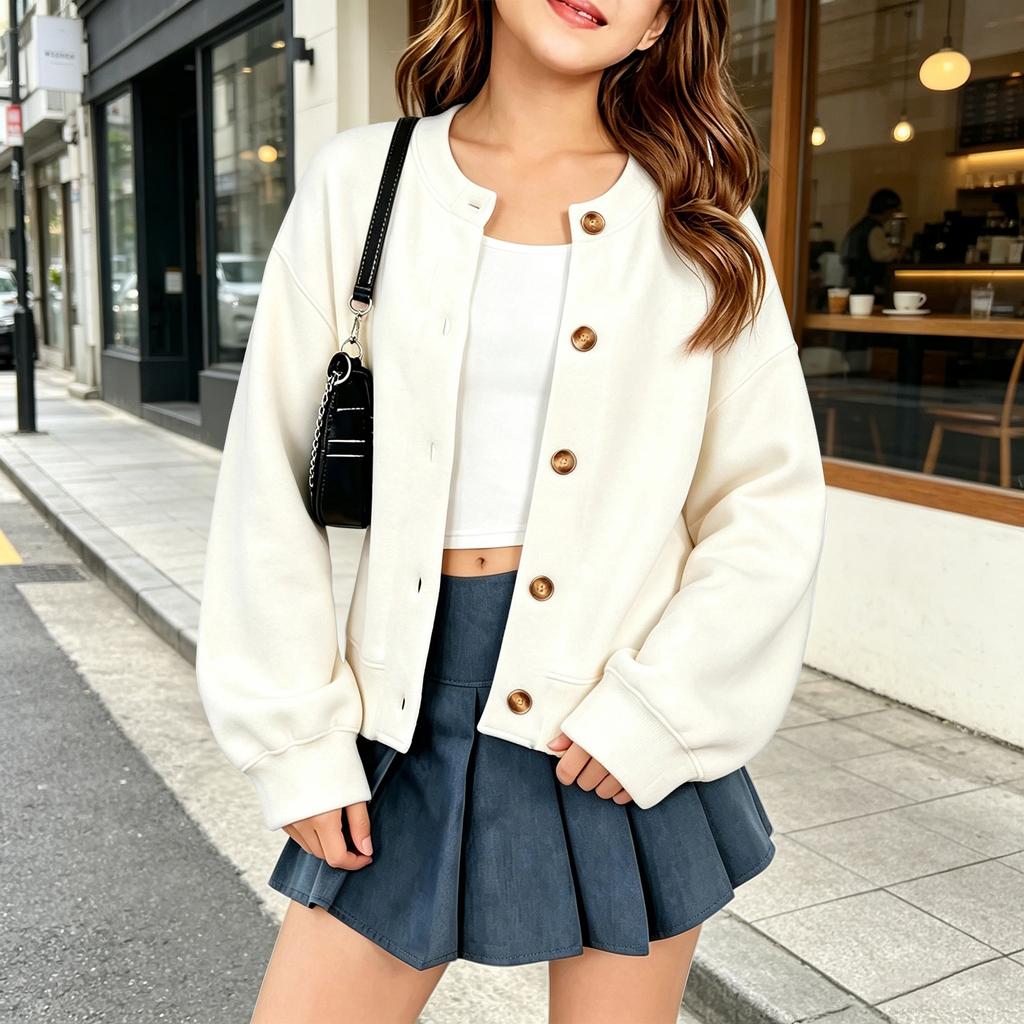 Felpa Cardigan con Bottoni Colorati da Ragazza a Manica Lunga Top Casual