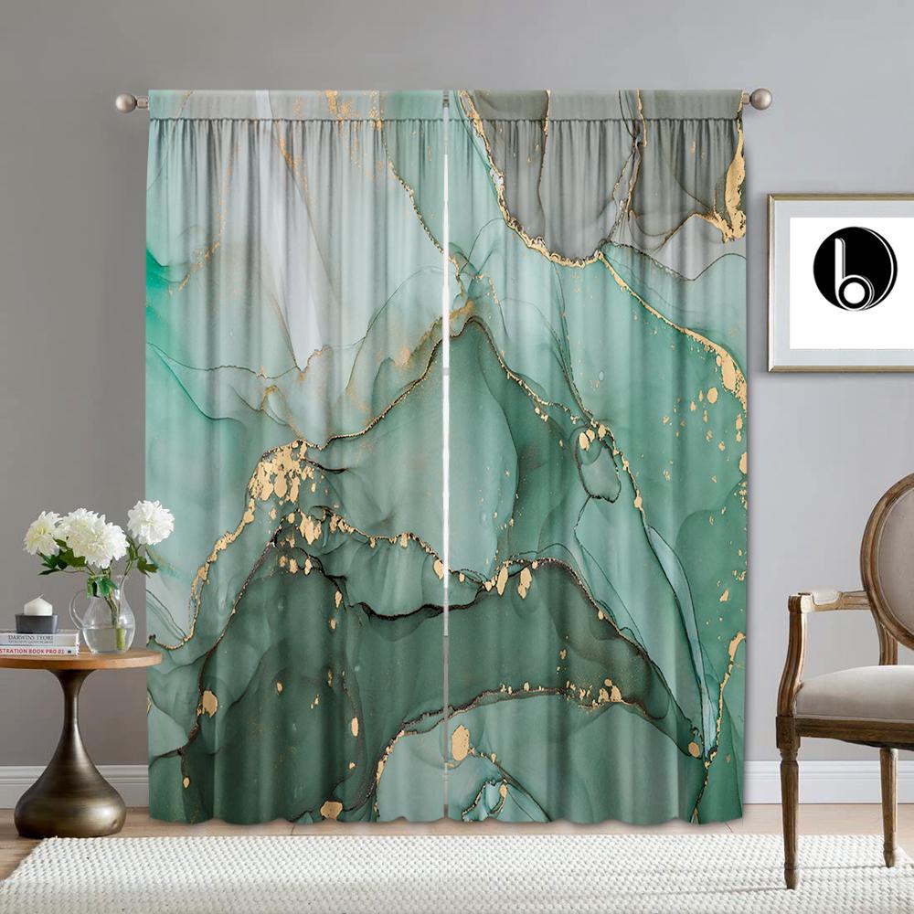2PC Home Decoration Curtains With Green Marble Background And Pole Pocket Curtains, Kitchen, Coffee Shop, Living Room, Balcony