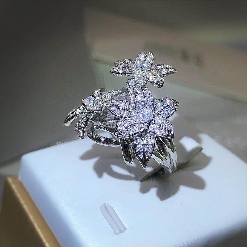 Silver High Quality Pear Shape Branch Flower Zircon Ring Women's Fashion Flower Diamond Big Ring Party Birthday Gift