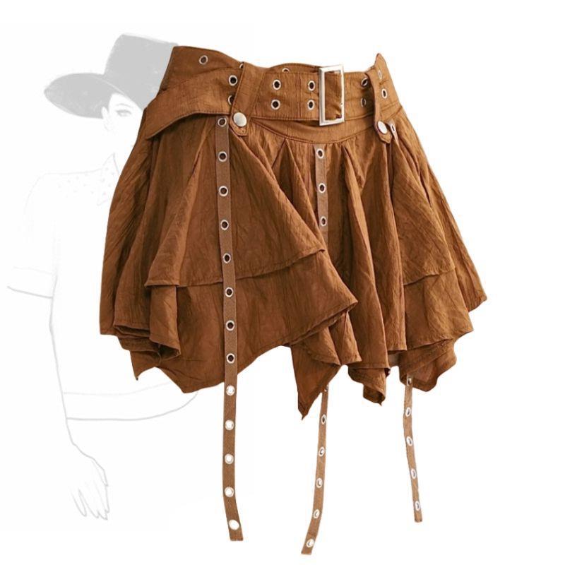 Wasteland Style Retro Irregular Ruffle Hem Skirt For Women Spring Summer Design Sense Petite Ribbon Pleated Lady Short Skirt