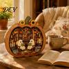 Halloween Bookstore Scene Ghost Wooden Tabletop Ornament, 2D Flat Cute Reading Bathing Whimsical Book Nook Watering Plaque with Stand for Home Shelf,