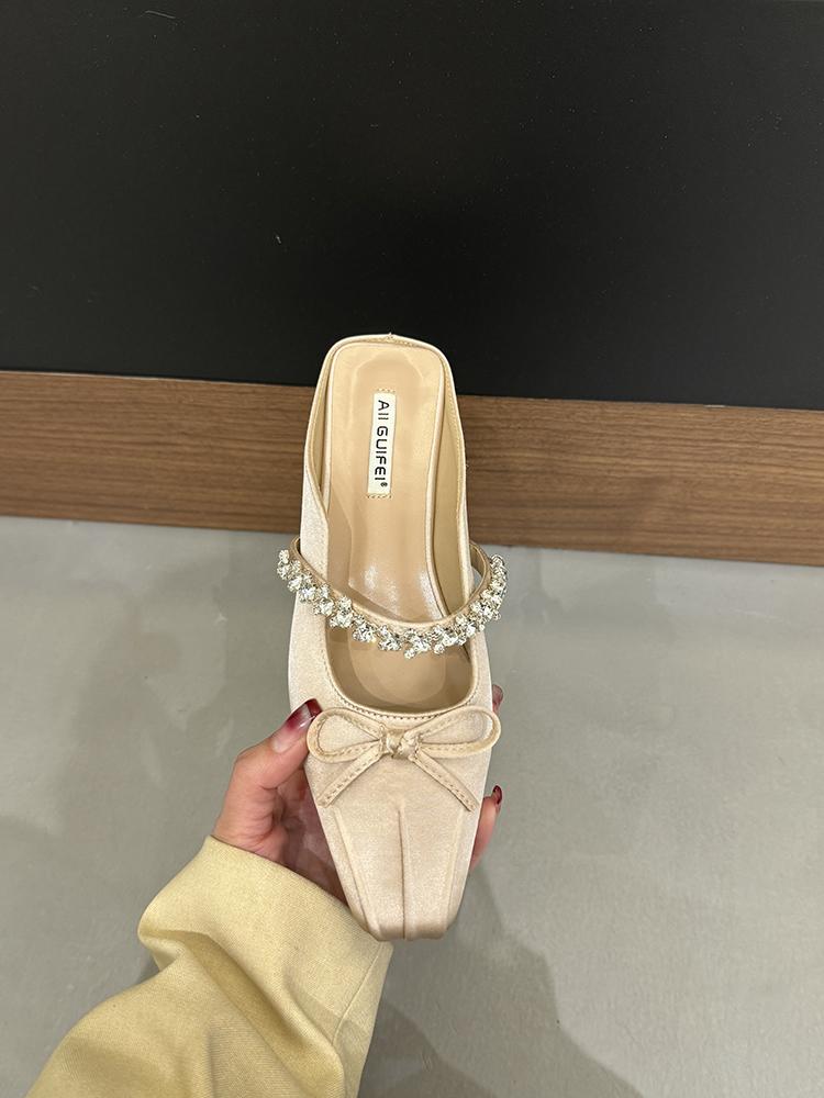 Fashion Women's Slip-on Flats with Bow Decoration Female Mules Low Heel Party Pumps Dress Chunky Heels Ladies Shoes Zapatos De Mujer