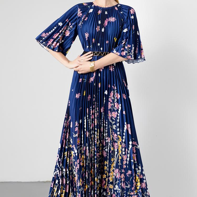 Summer Women Vintage Print Flower Loose Maxi Party Dresses with Belt