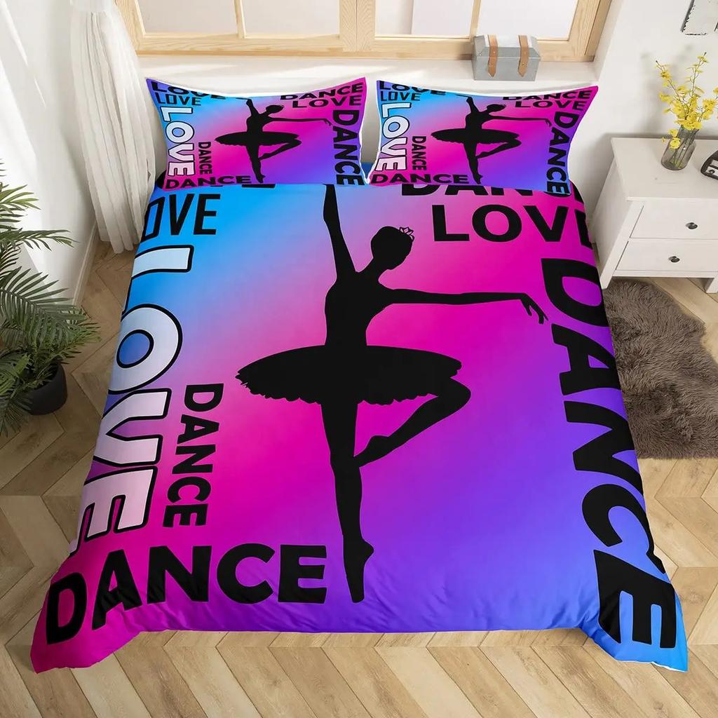 Girls Ballet Bedding SetDancing Ballerina Duvet Cover Blue Purple Gradient Comforter Cover Ballerina Silhouette Quilt Cover