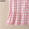VONDA Summer Women Casual Round Neck Sleeveless Plaid Print Tank Tops