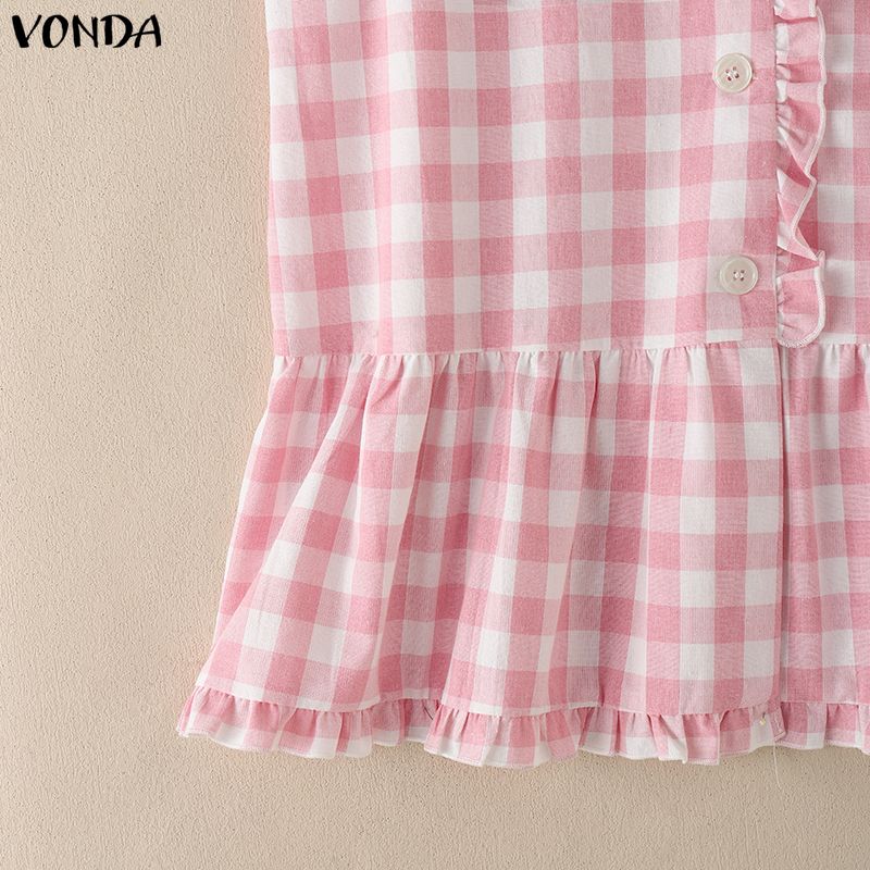 VONDA Summer Women Casual Round Neck Sleeveless Plaid Print Tank Tops