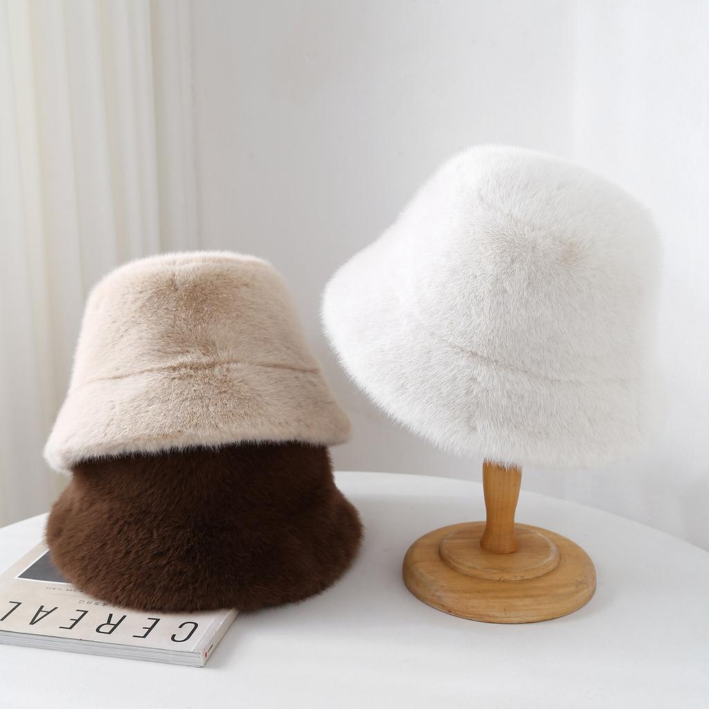Winter Women'S Bucket Hat Plush Faux Fur Thickened Warm Fisherman Cap New
