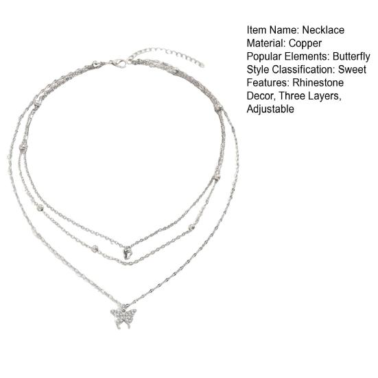 Kvinner Halskjede Rhinestone Dekor Trelags Sommerfuglanheng Justerbar med utvidet lengde Prom Party Hals Smykker Bryllup Halskjede