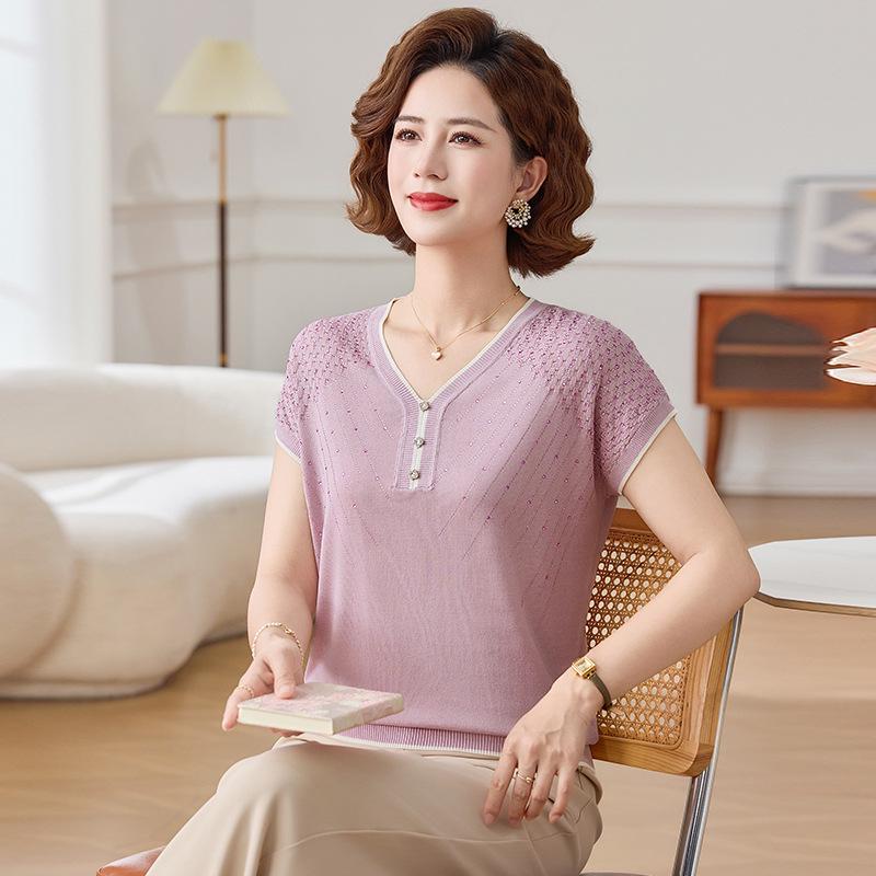 

Elegant Women s Summer Knit Top: Short-Sleeve Ice Silk with Wide-Leg Pants XL [Recommended 105-120 lbs]