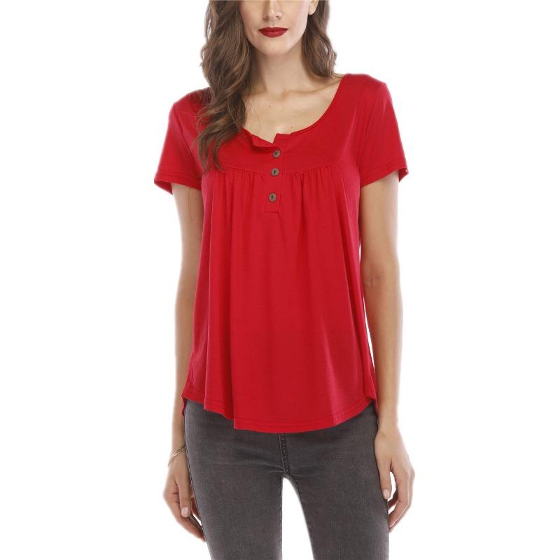 Women's Summer Pleated Button Loose Fashion Short Sleeved T-shirt Top