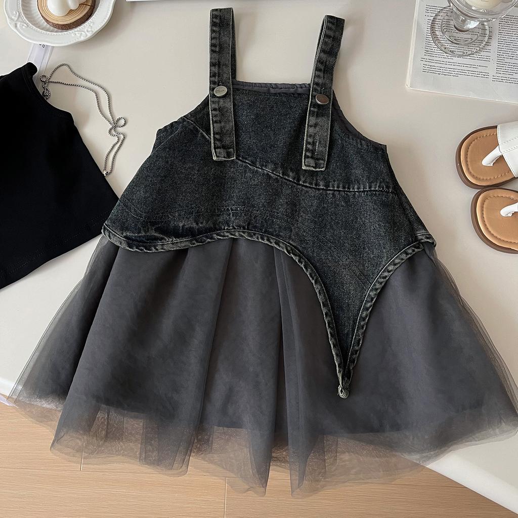 Girls' Summer Set Korean Denim Mesh Dress+vest Princess Two-piece Set Trendy