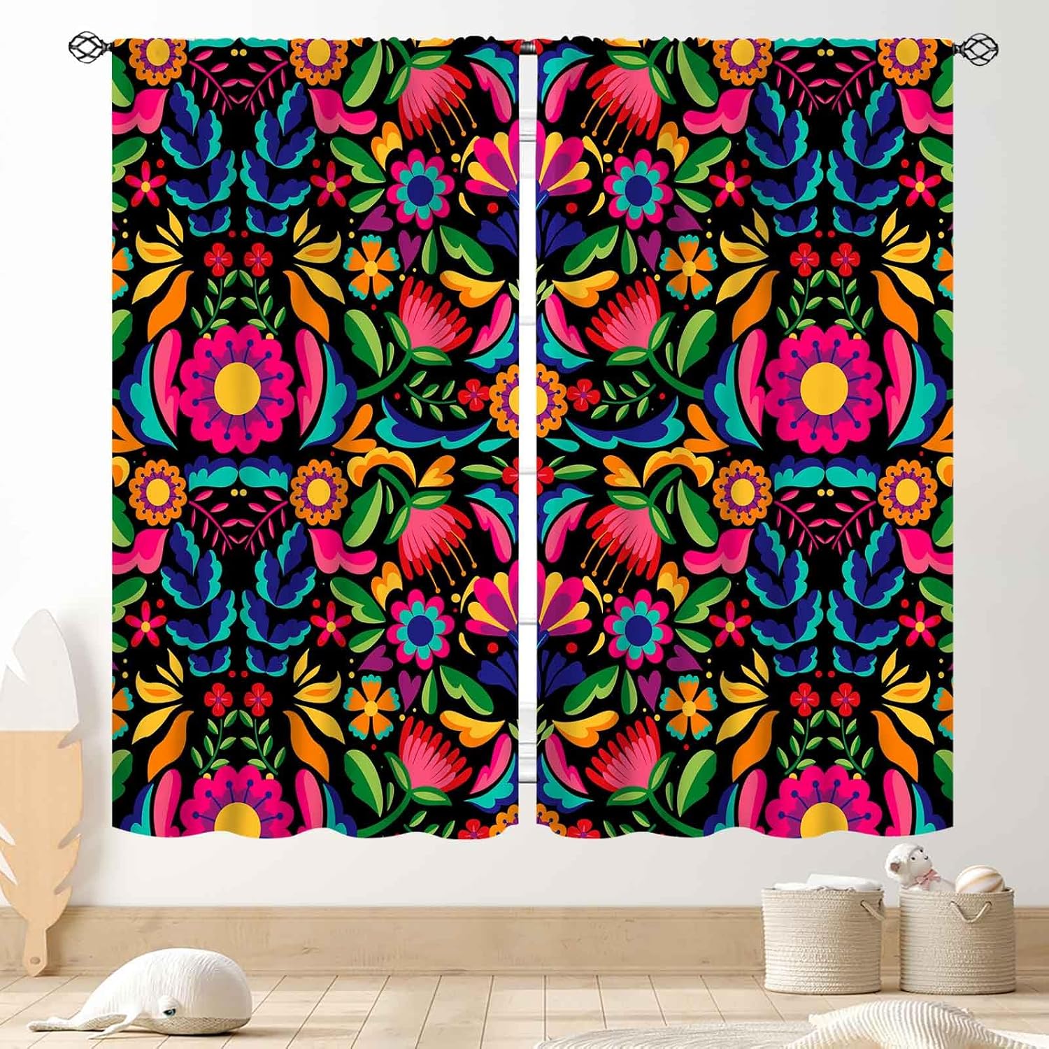 Colorful Curta, Mexican Floral Traditional Cinco De Mayo Dia De Los Muertos Mexcian Fiesta Farmhouse Rustic Blackout Window 53x116CM-2PC