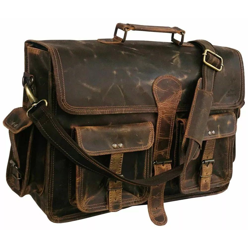 Herren 18" Retro Büffelleder Laptop Messenger Bag Büro Aktentasche
