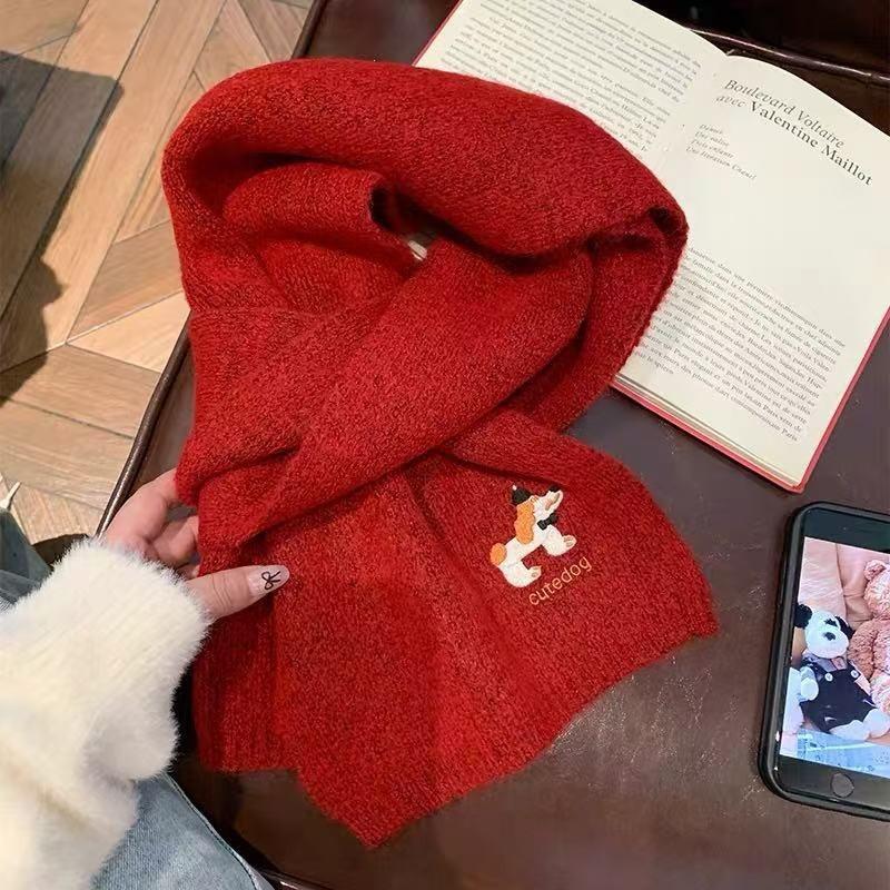 Knitted Wool Scarf Women Winter Warm Cozy Dog Embroidery Style Ins Trendy Neck Wrap Student Accessory