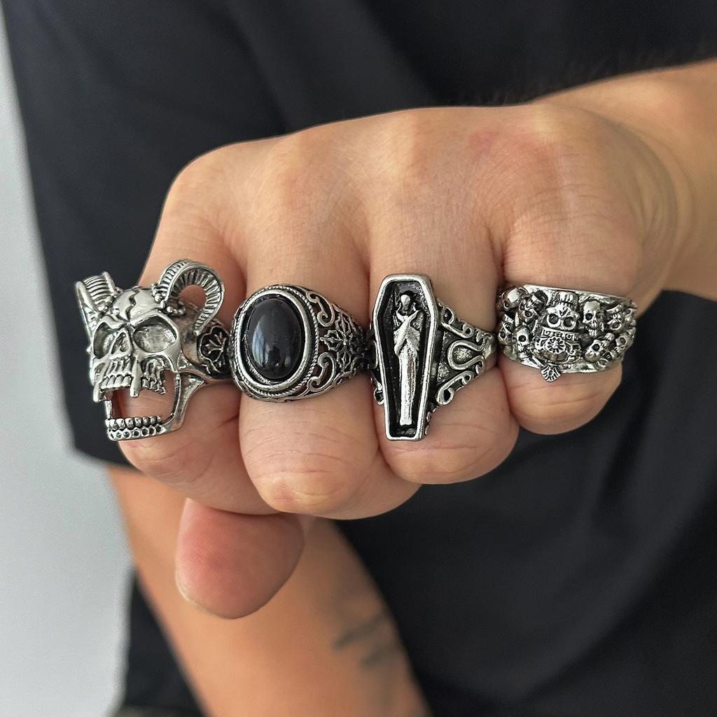 Exaggerated Skull Ring for Men, Hip-Hop Niche Retro Punk Ring Set, Men's Unique Hand Accessories