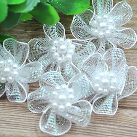 10Pcs Mixed Color Mini Organza Ribbon Bead Flower Wedding DIY Craft Appliques