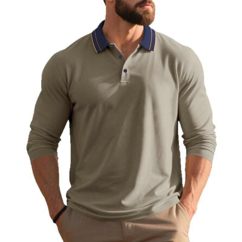 Men's Autumn American Style Long Sleeve Polo Shirt, Pique Mesh Casual Golf Simple Color Block Collared Polo for Men