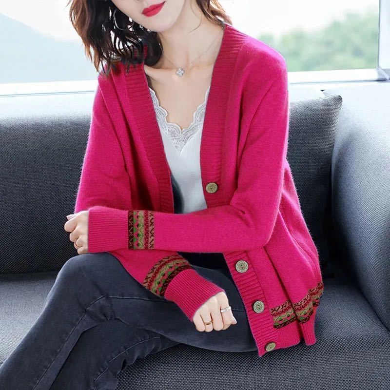 Women's Knitted Sweater Spring and Autumn Models V-neck Colour Blocking Long-sleeved Ethnic Wind Cardigan Jacket Jumper Ladies Tops