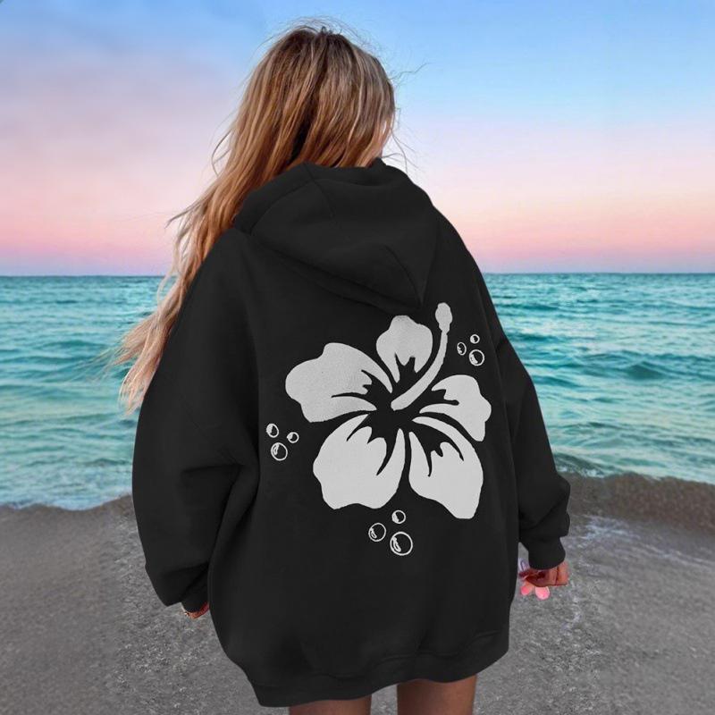 Ladies Spring Autumn Casual Hooded Drawstring Long Sleeve Big Pocket Flower Printed Pullover Hoodies Sweatshirt Top