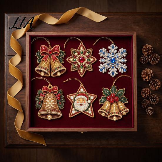 Elegant Holiday Party Supplies 6 Pcs Diamond Art Christmas Ornaments, 2D Flat Pearl Painting Timeless Seasonal Decorations Pattern Hanging Decoration