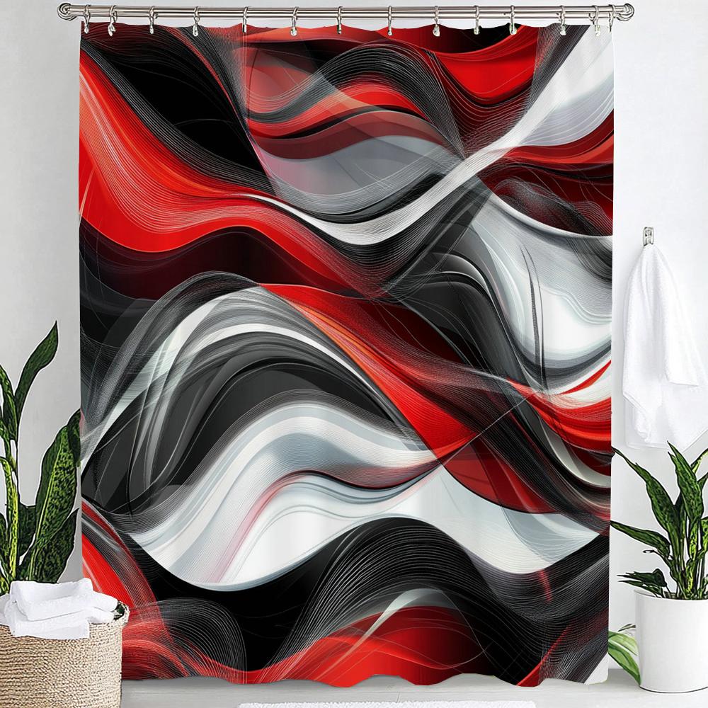 

Modern Black And Red Wavy Patterns Printed Shower Curtain Bathroom Curtain,Hanging Curtain 12 Hooks Decoration Machine Washable W60H190(CM)-1 Pcs