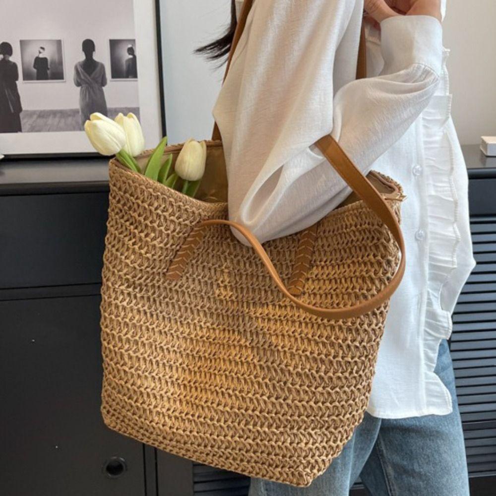 Bohemian Style Zipper Beach Bag Solid Color Hollow Tote Bag Trendy Weave Straw Bag  Spring